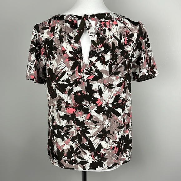 Japna Brown Pink Multi Colored Abstract Floral Short Sleeved Blouse Top Sz M - Picture 3 of 10